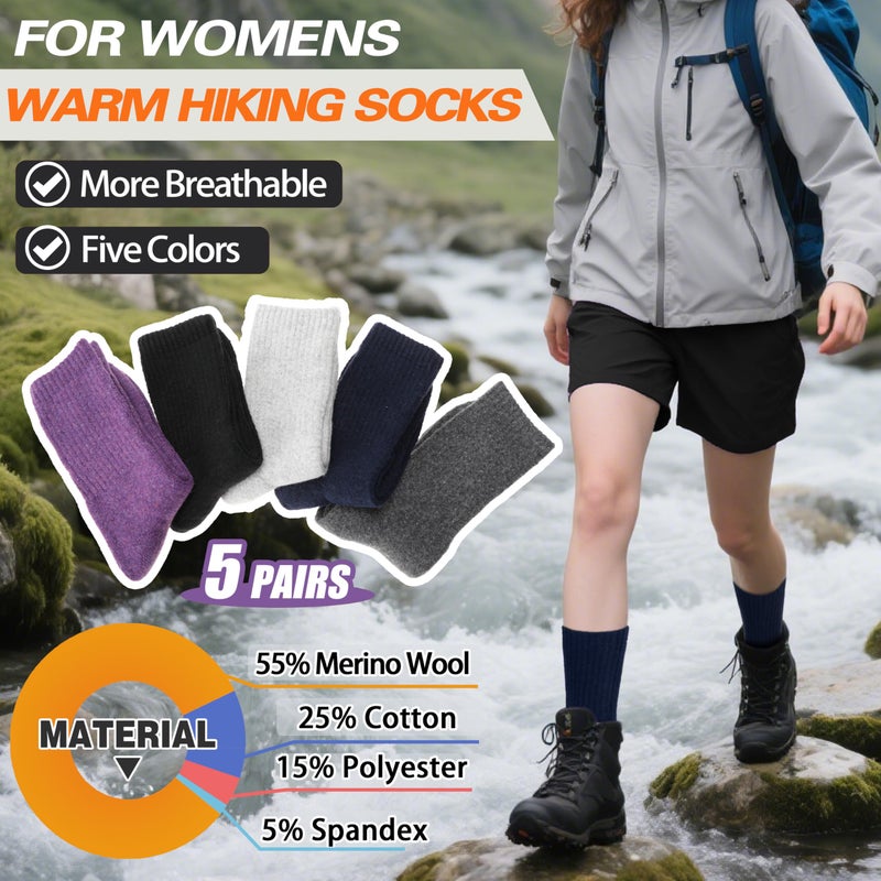 Sandsuced Merino Wool Socks for Women Hiking Warm Winter Thick Boot Thermal Cozy Crew Work Soft Ladies Socks Gift 5 Pack Stocking Stuffersï¼ˆ Purple/Blue/Black/Grey/Dull Greyï¼‰ - Image 5